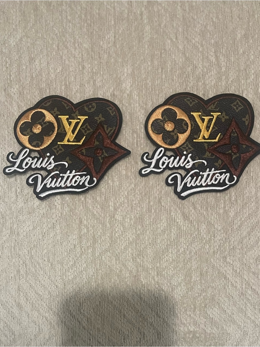 LV Brown & Gold Heart Monogram Patches (Pair)